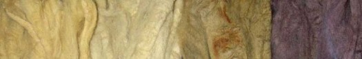 Left to right: no mordant, alum, copper, iron on merino roving. Left to right: no mordant, alum, copper, iron on merino roving.
